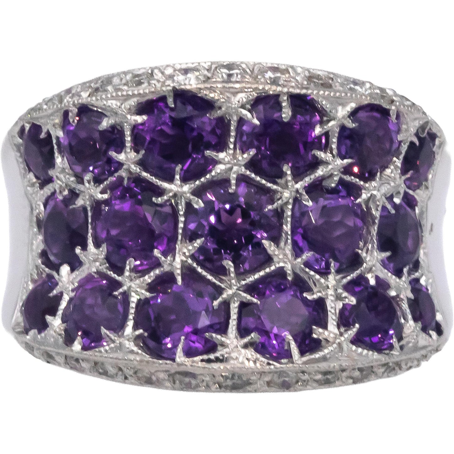 18k White Gold 3.60CT Diamond and Amethyst Wide Band Ring Size 6.25