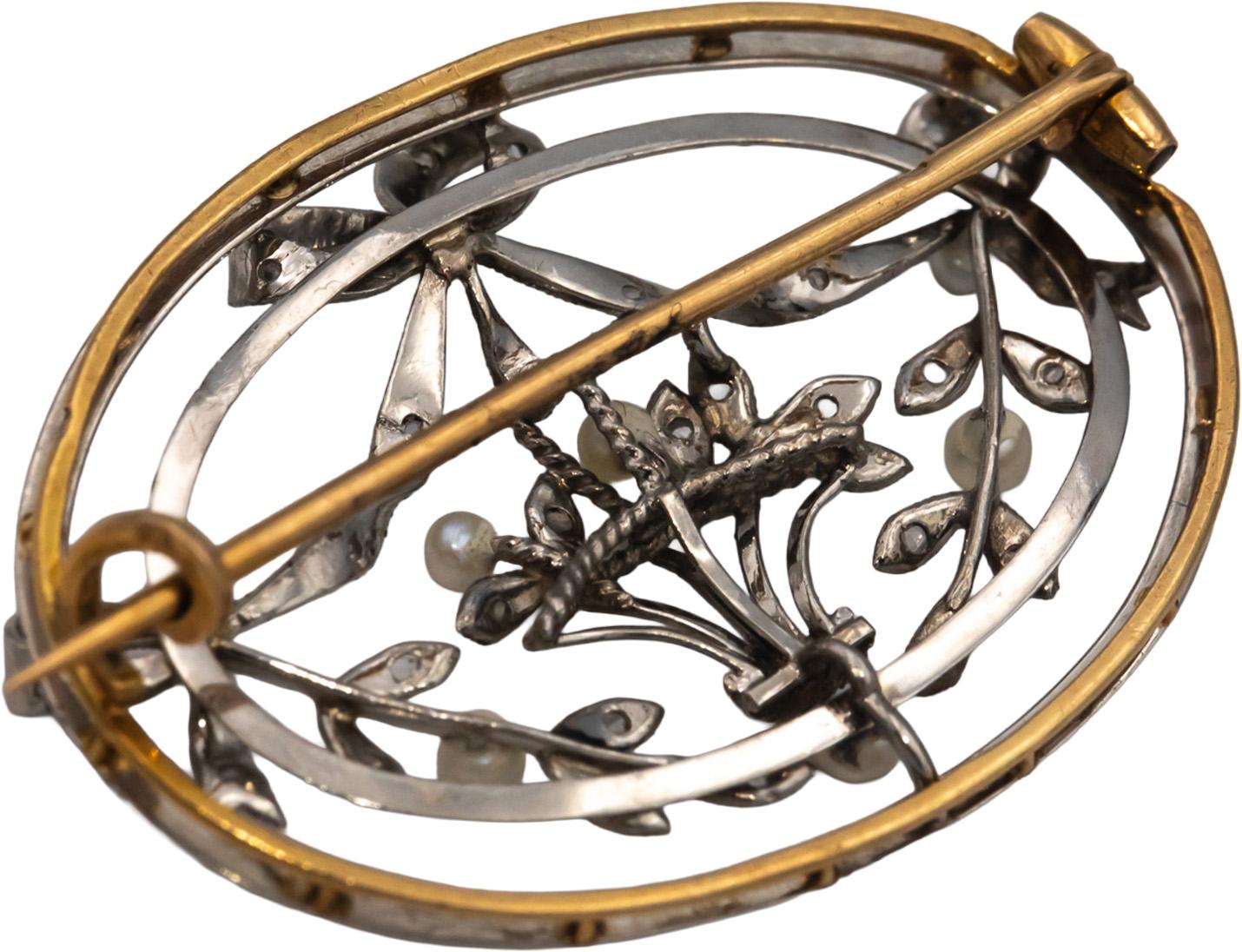 Vintage Antique 10k White and Yellow Gold 2.2mm Pearl & Rose Cut Diamond Brooch