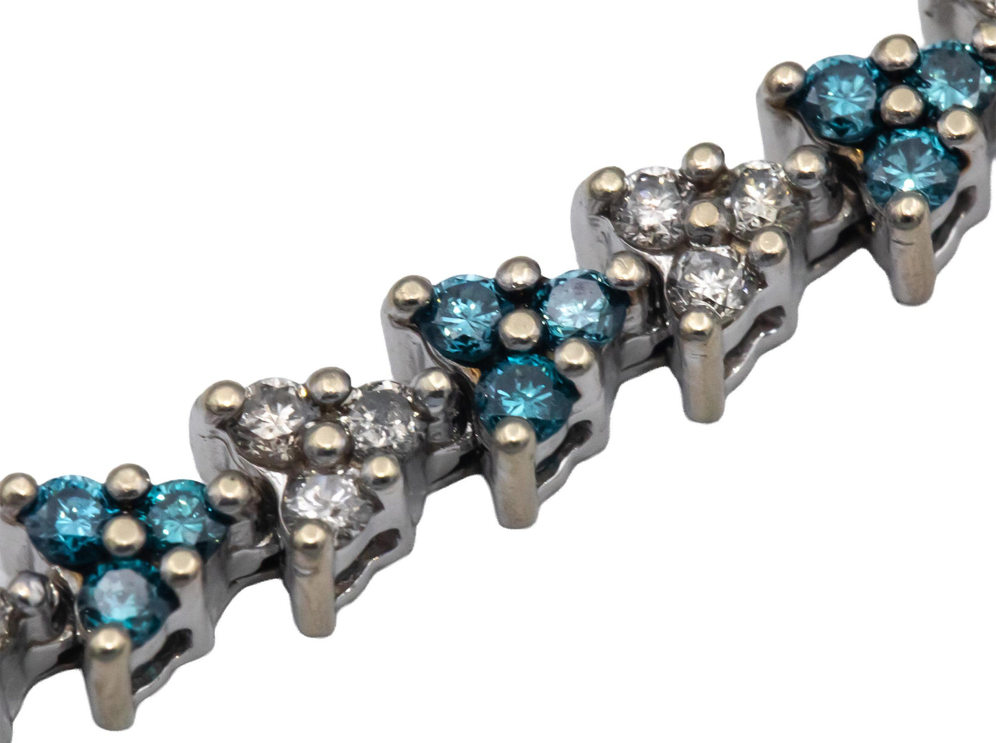 14k White Gold 2.50CT Round Cut White and Blue Diamond Fancy Link Bracelet