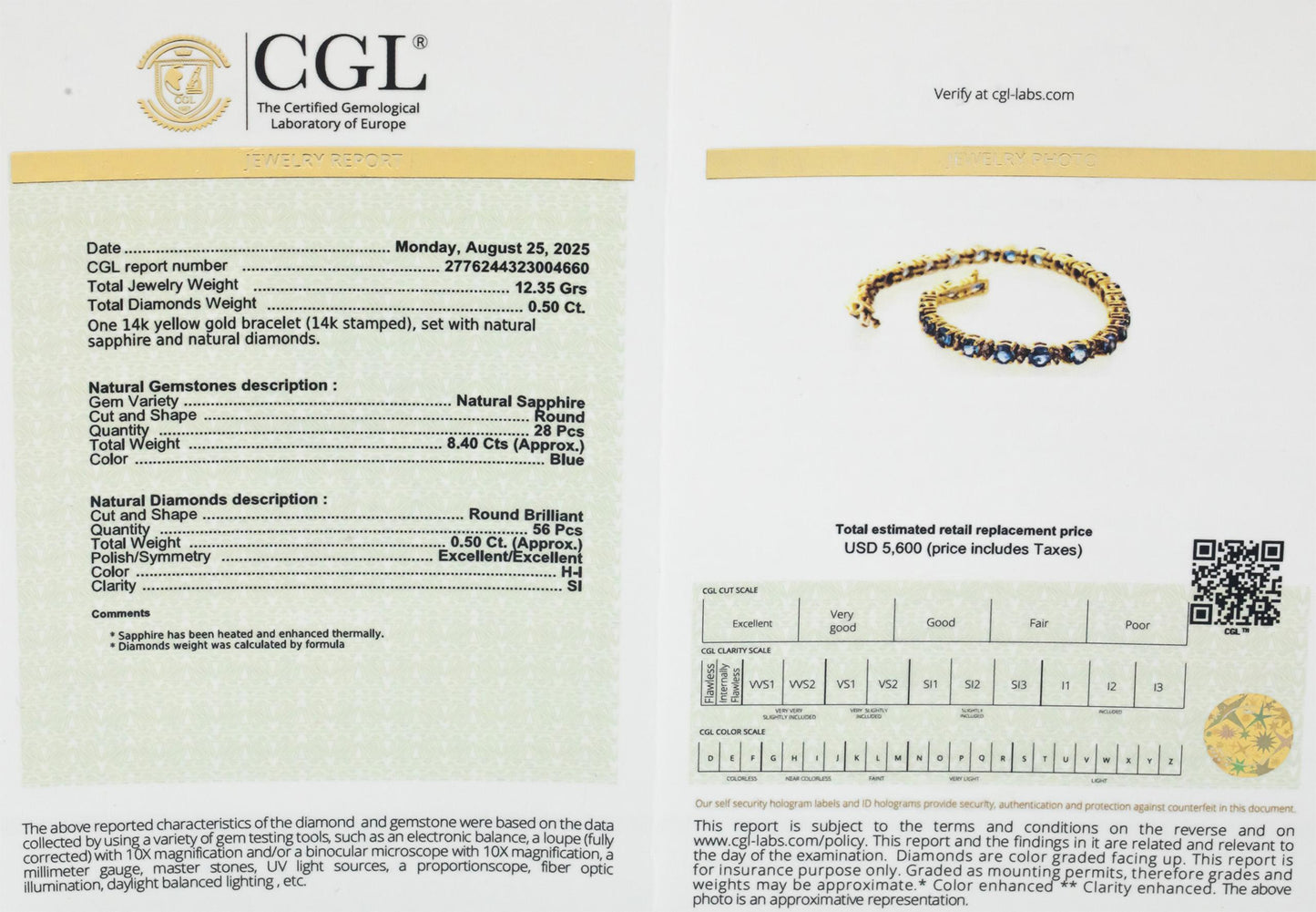 CGL Certified 14k Yellow Gold Diamond & Blue Sapphire Tennis Bracelet 8.90CT