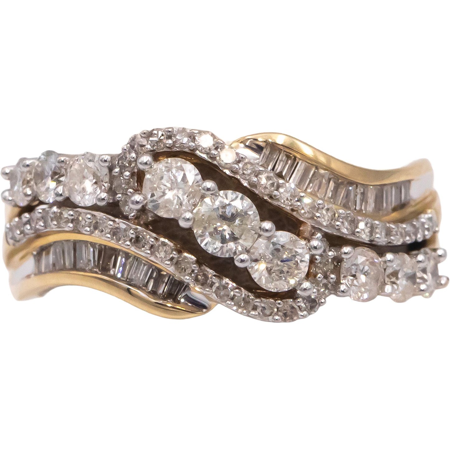 10k Yellow Gold Round & Baguette Cut Diamond Cocktail Ring 1.0CT Size 7