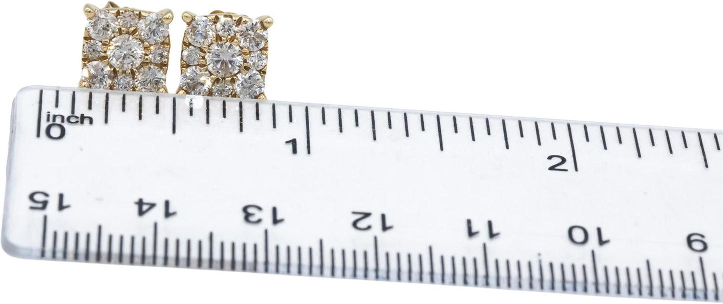 Round Diamond 10k Yellow Gold Cluster Square Shaped Stud Earrings 1.50CT