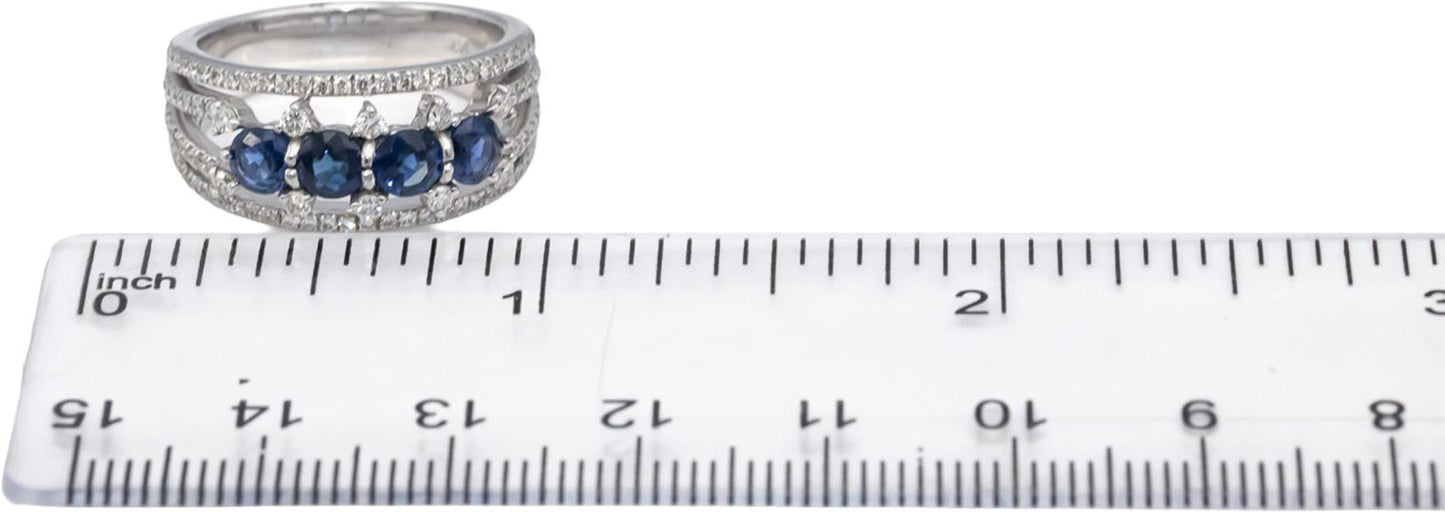 14k White Gold Round Blue Sapphire & VS Diamond Cocktail Ring 1.50CT Size 7