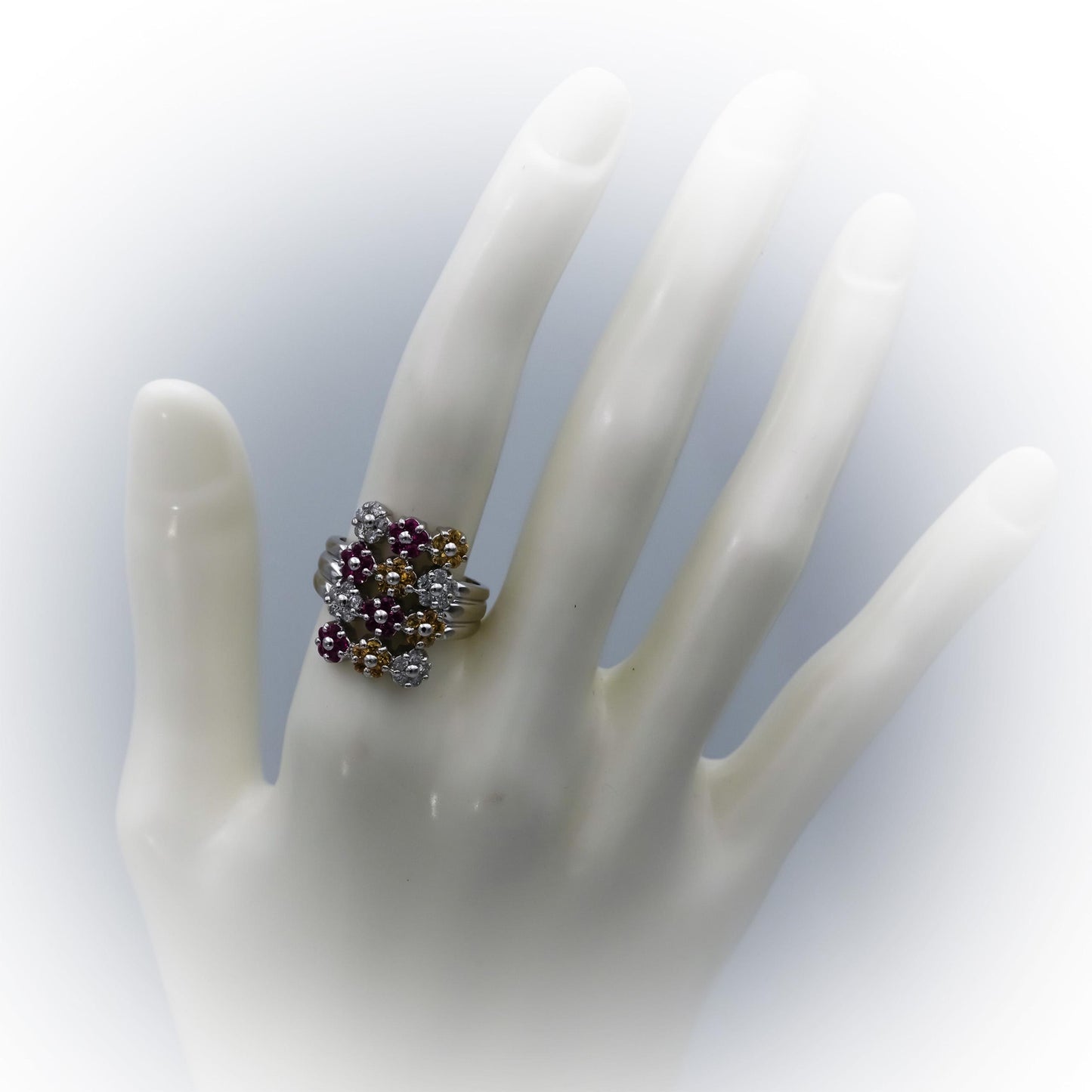 14k White Gold Diamond and Multicolor Gemstone Cluster Ring 0.40CT Size 7