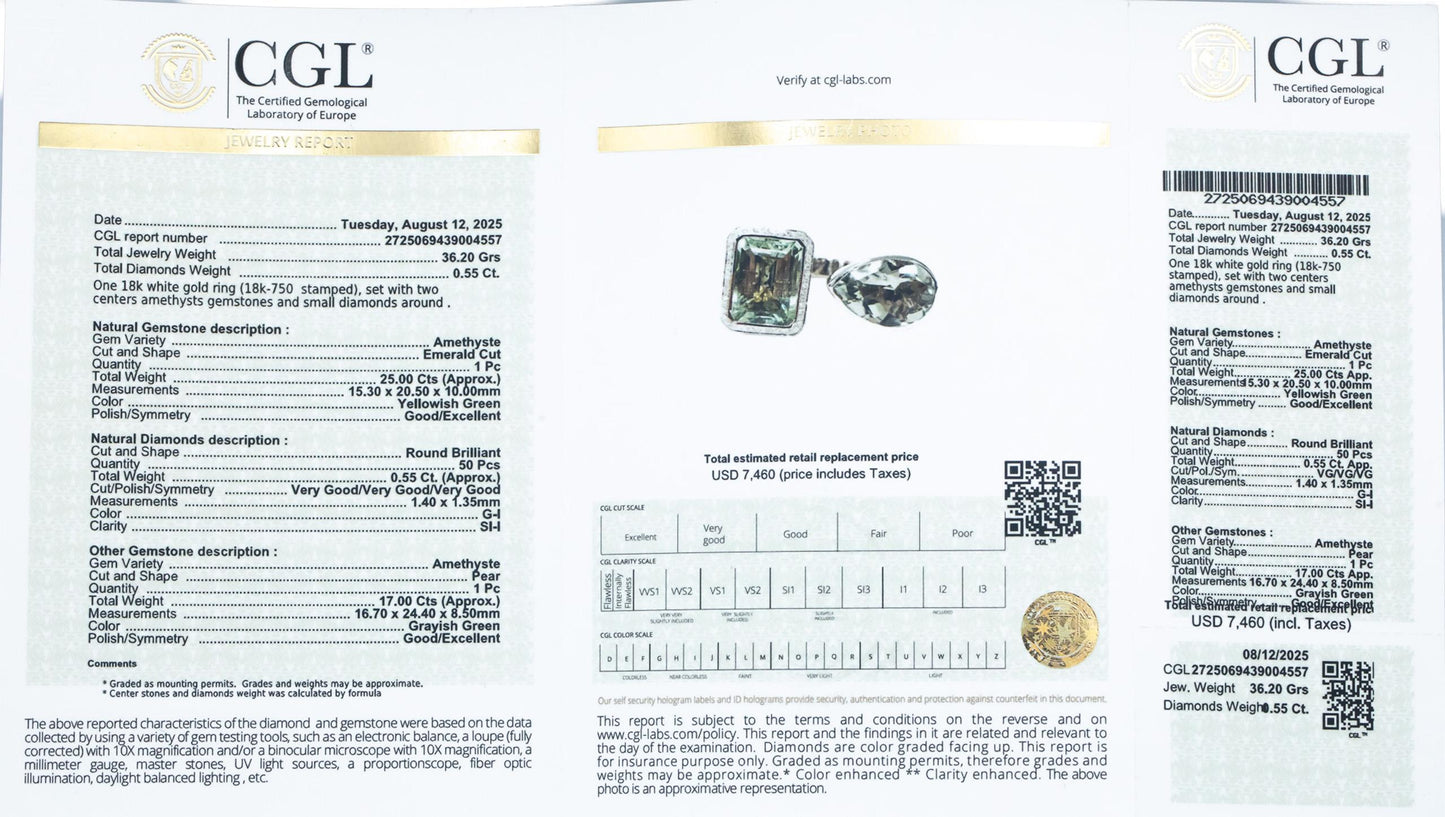 CGL 18k White Gold Amethyst and Diamond Jumbo Ring 42.55CT Size 7 - $7460 Retail