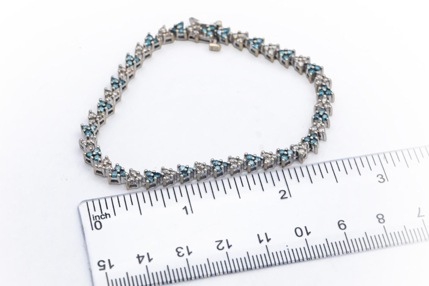 14k White Gold 2.50CT Round Cut White and Blue Diamond Fancy Link Bracelet