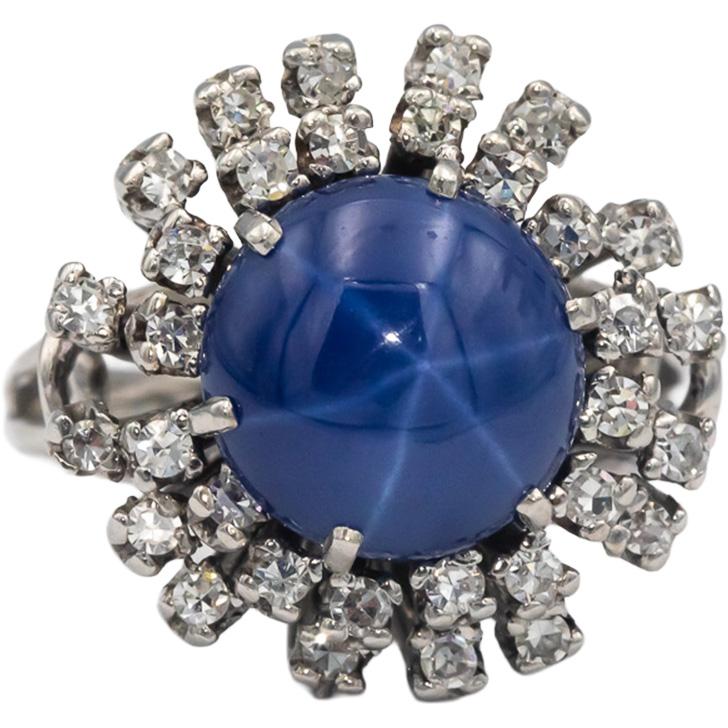 CGL Certified 14k White Gold Diamond & Star Sapphire Cocktail Ring 7.05CT Size 6