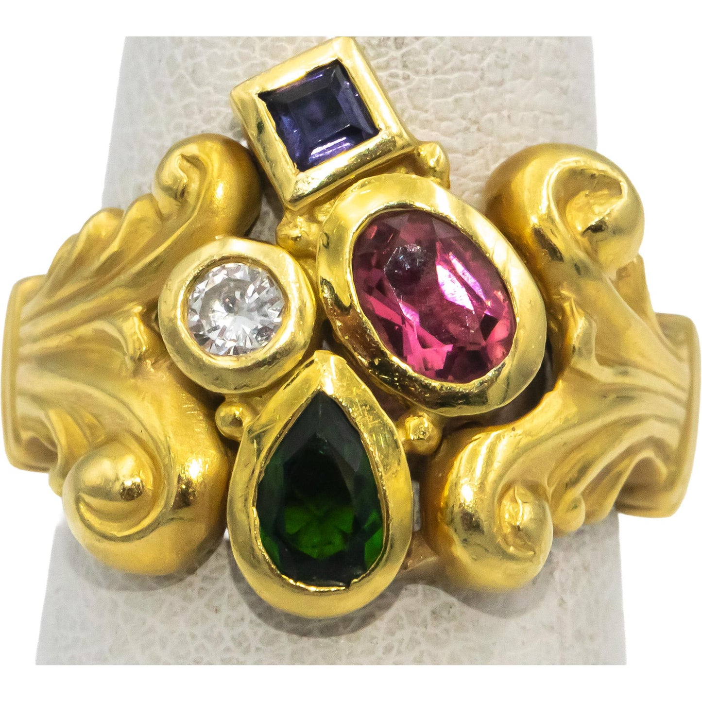 14k Yellow Gold Diamond Tourmaline Amethyst Tsavorite Cocktail Ring .10CT Size 6