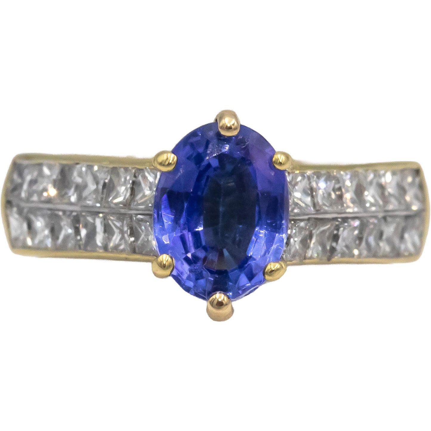 18k Yellow Gold Oval Tanzanite & Princess Diamond Cocktail Ring 2.40CT Size 6