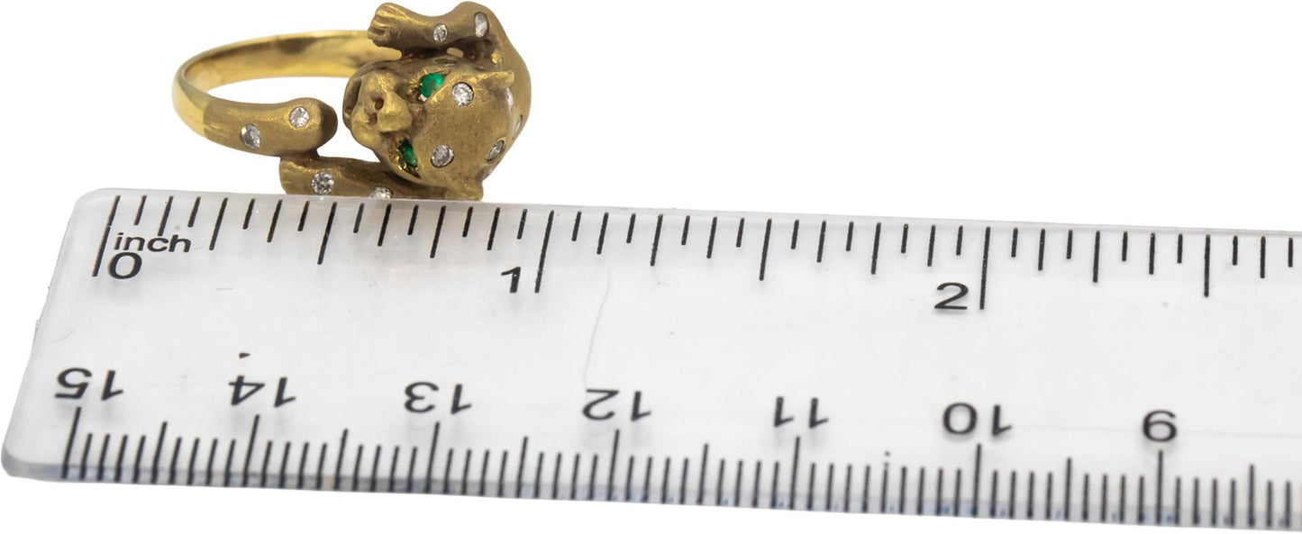 18k Yellow Gold Round Diamond Jaguar Ring .16CT Size 6.75 w/ Emerald Eye Accents