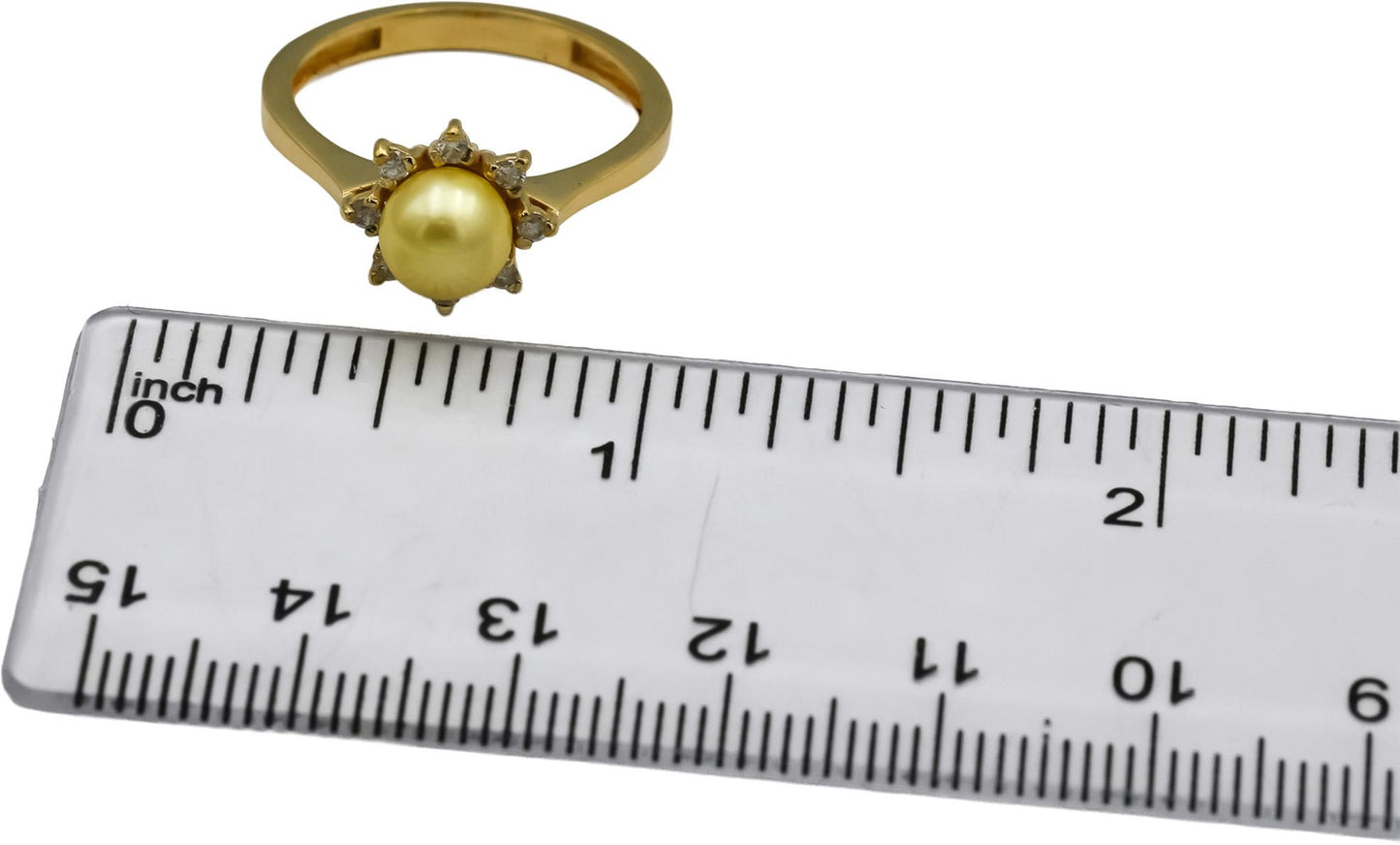 18k Yellow Gold Round Diamond and Golden Pearl Ring 0.12CT Size 7.25