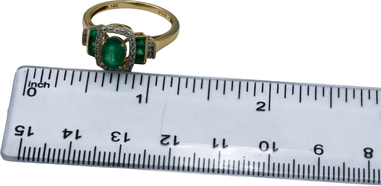 14k Yellow Gold Diamond and Emerald Cocktail Ring 1.10CT Size 7.25