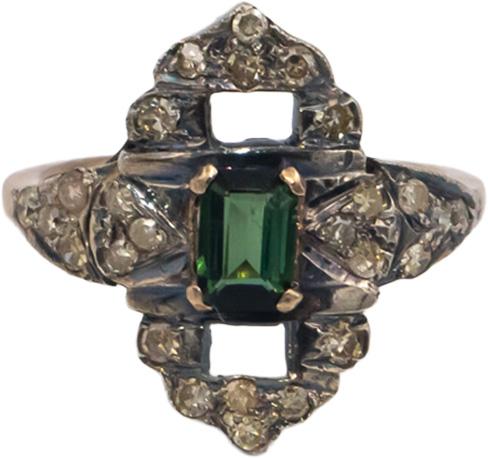 Vintage Antique 10k Gold & Silver 1.25CT Diamond and Tourmaline Ring Size 6.75
