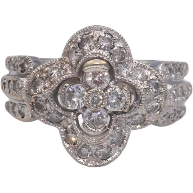 14k White Gold 0.50CT Round Cut Diamond Clover Ring Size 4.75