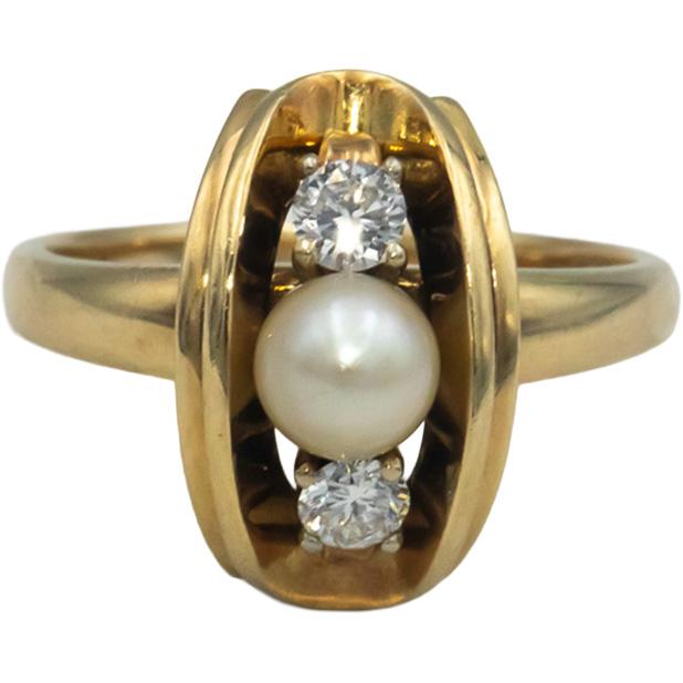 14k Yellow Gold 0.30CT VS Round Cut Diamond and 5.2mm Pearl Ring Size 7.75