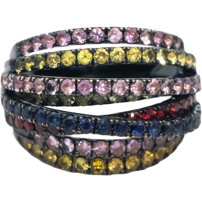 Rainbow Sapphire Round Cut 18k Black Rhodium Multi-Band Ring 3.20CT Size 6.5