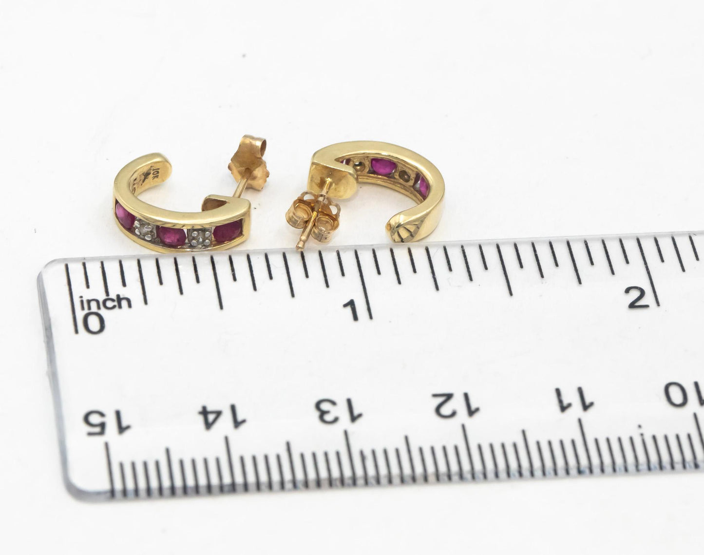 Diamond & Ruby 10k Yellow Gold Curved Stud Earrings 0.34CT