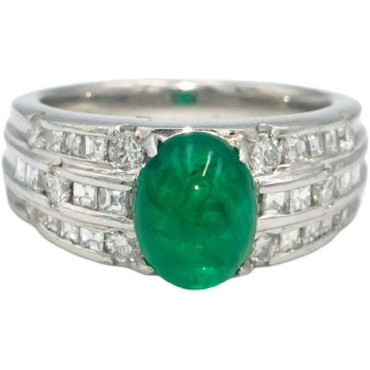 Platinum Cabochon Emerald Round & Carre Cut Diamond Ring 3.32CT Size 6