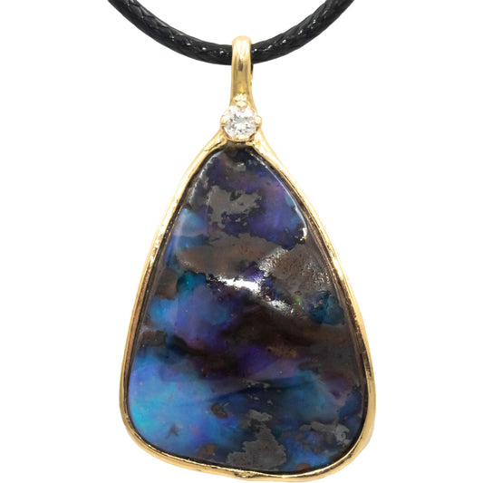 14k Yellow Gold Round Diamond & Boulder Opal Pendant Necklace 15.08CT