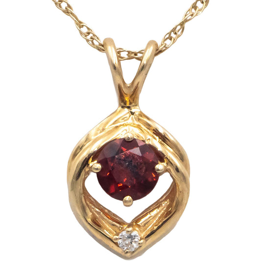 14k Yellow Gold Round Garnet and Diamond Pendant Necklace Chain 0.52CT