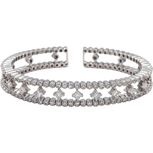 18k White Gold VS Princess & Round Diamond Flexible Cuff Bracelet 2.0CT