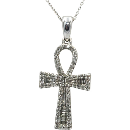 10k White Gold Round & Baguette Cut Diamond Anhk Cross Pendant Necklace 0.25CT