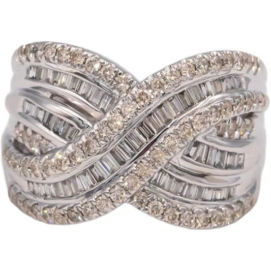 10k White Gold Round & Baguette Cut Diamond Crossover Cocktail Ring 1.0CT Size 7