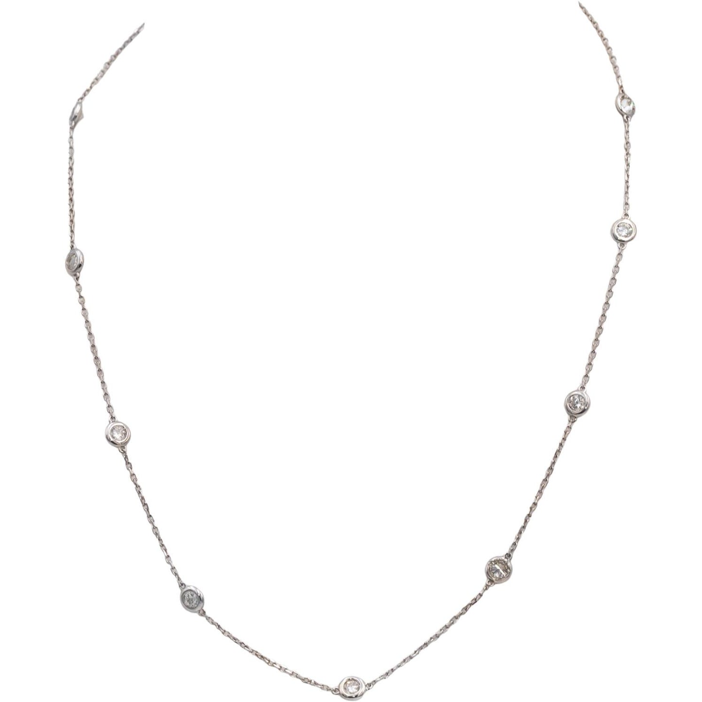 Round Bezel Set Diamond By The Yard Necklace Chain Jewelry 14k White Gold 1.27CT
