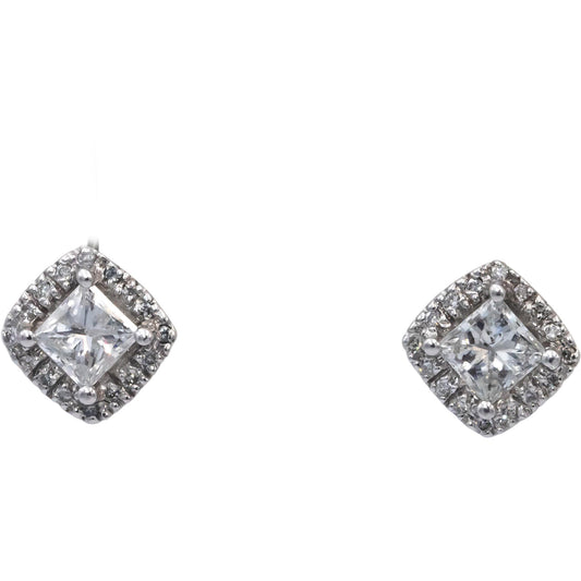 14k White Gold Princess & Round Diamond Stud Earrings 1.74CT w/ 1.54CT Centers