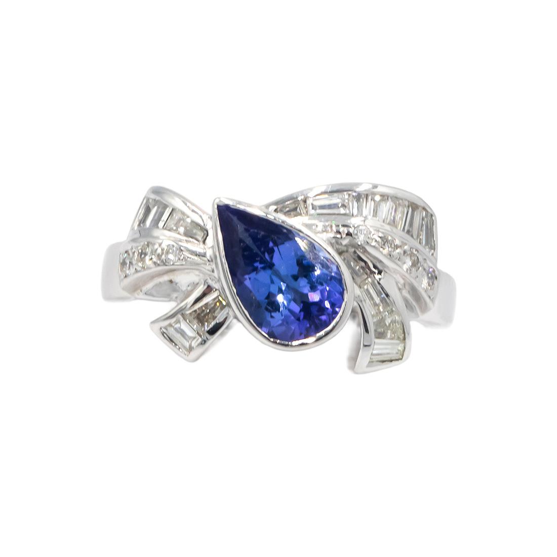 18k White Gold 1.40CT Diamond and Tanzanite Ribbon Ring Size 7