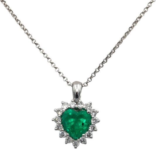 14k White Gold 2.24CT Diamond and Emerald Heart Pendant Necklace