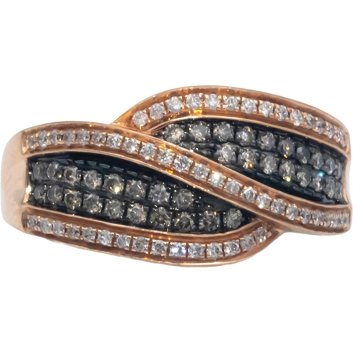 14k Rose Gold 0.30CT White and Brown Round Cut Diamond Crossover Ring Size 7