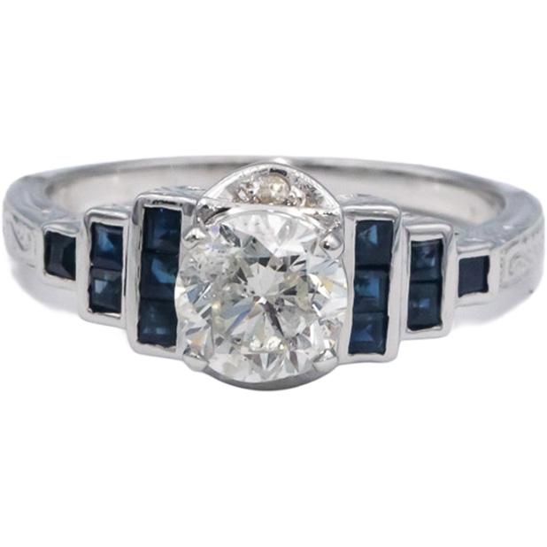 Vintage 14k White Gold 1.39CT Diamond and Sapphire Engraved Ring Size 7.25