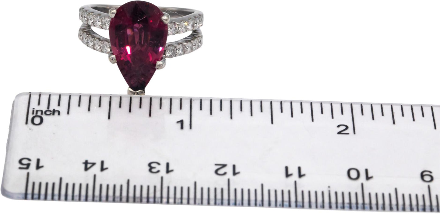 18k White Gold Round Diamond and Pear Cut Rubellite Ring 5.25CT Size 6.5