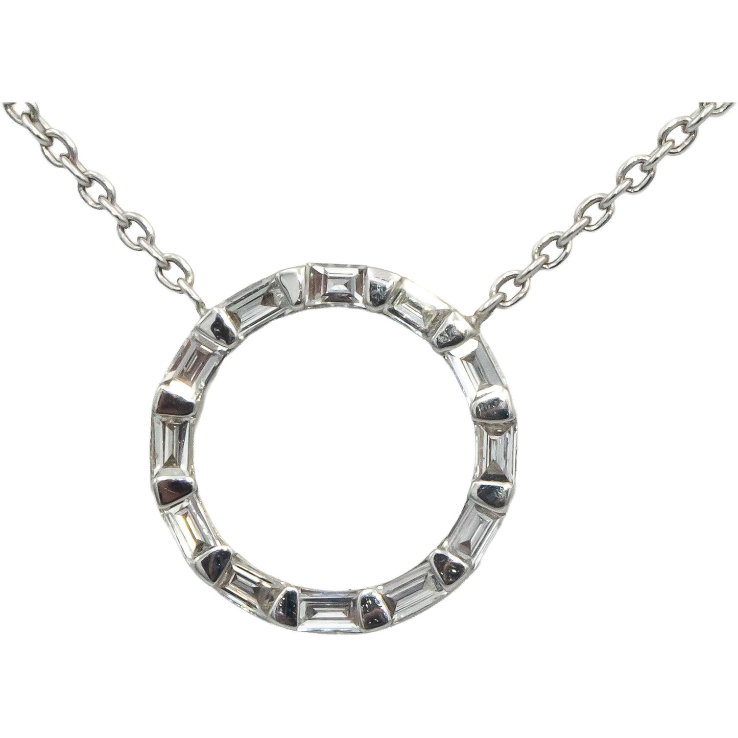 18k White Gold VS Baguette Cut Bar Set Diamond Circle Pendant Necklace .25CT