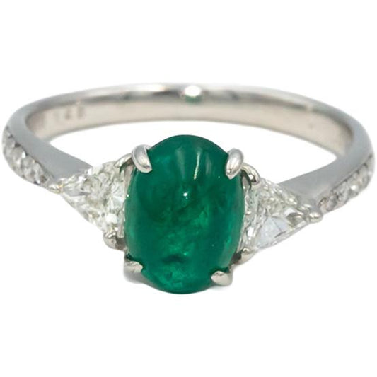 Platinum Cabochon Emerald Trillion Round VS Diamond Cocktail Ring 1.85CT Sz. 6.5
