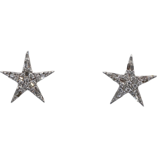 10k White Gold Round & Baguette Cut Diamond Star Cluster Stud Earrings 0.33CT