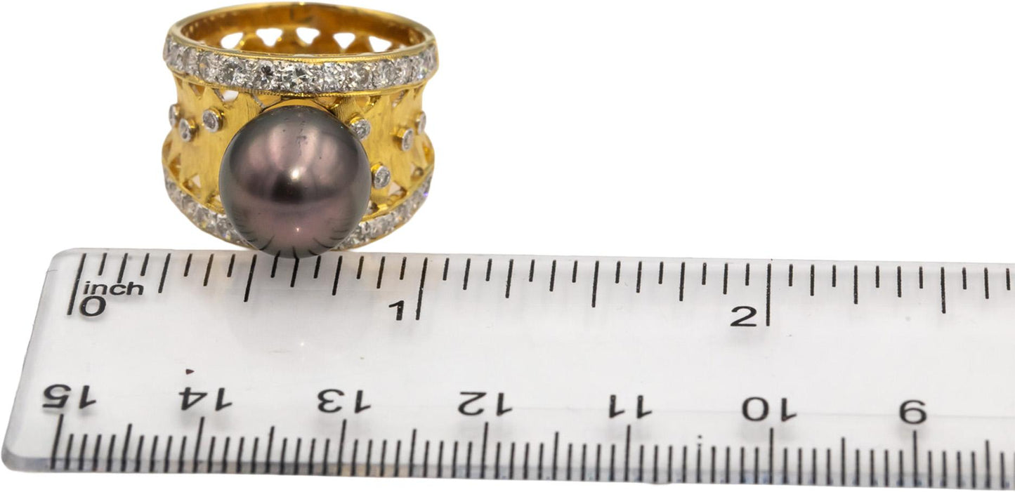 18k Yellow Gold VS Round Diamond & 11.2mm Black Tahitian Pearl Ring 1.0CT Size 8