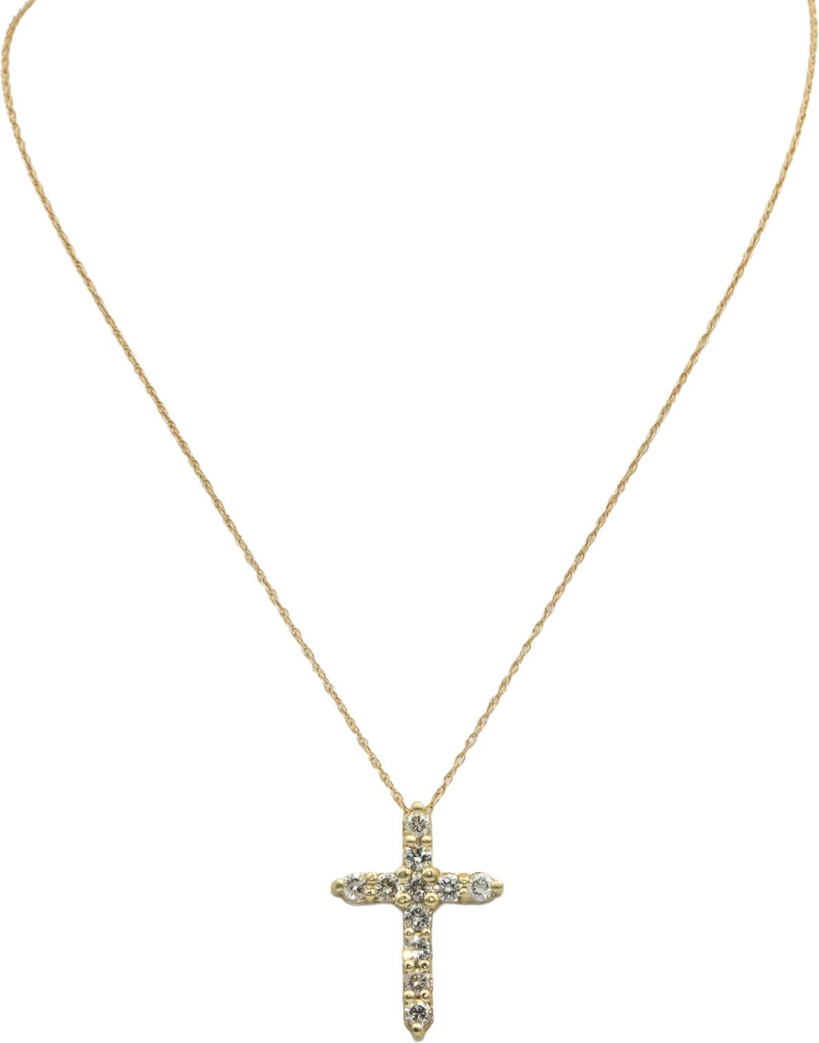 14k Yellow Gold 0.80CT Shared Prong Diamond Cross Crucifix Pendant Necklace