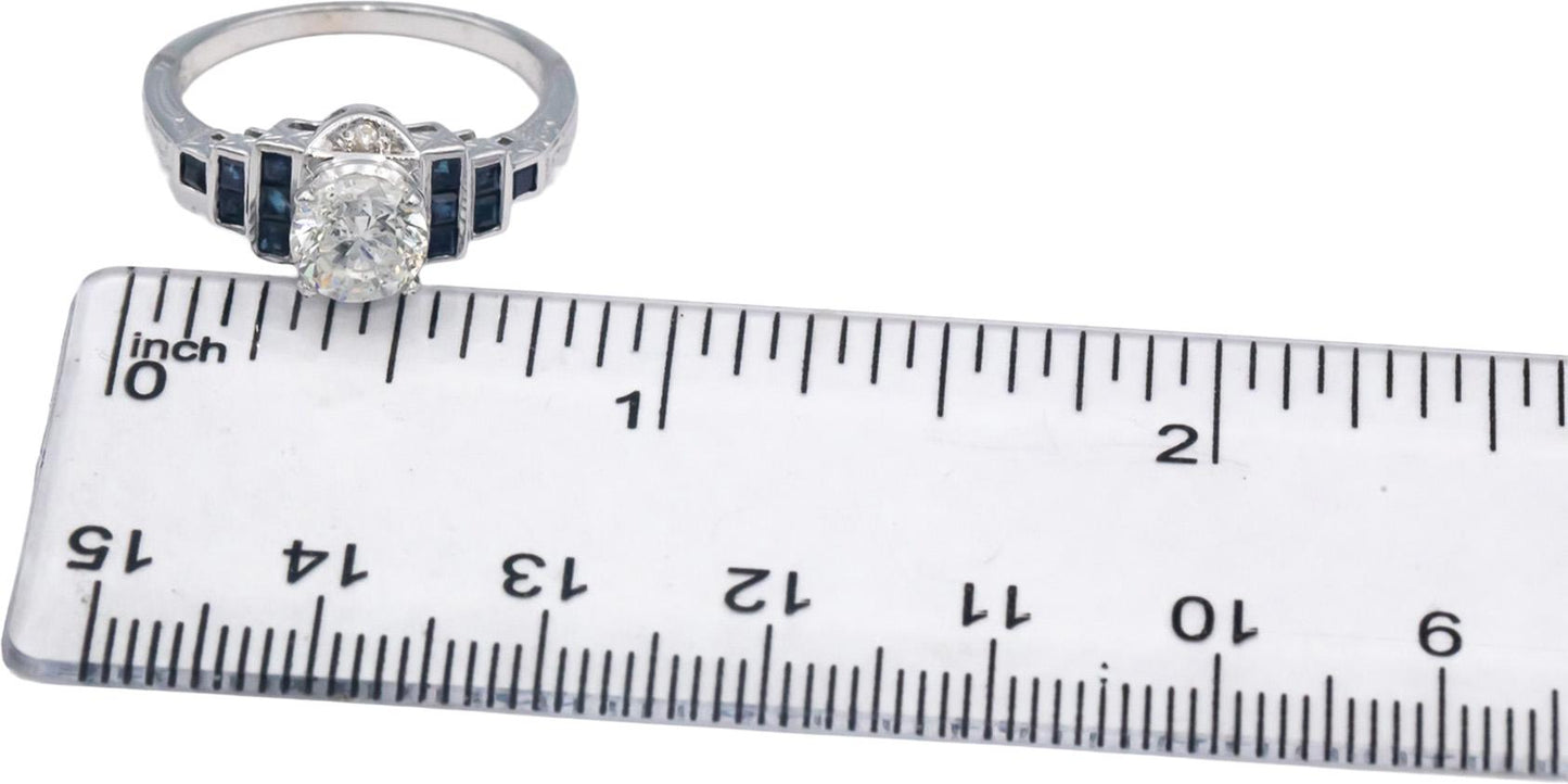 Vintage 14k White Gold 1.39CT Diamond and Sapphire Engraved Ring Size 7.25