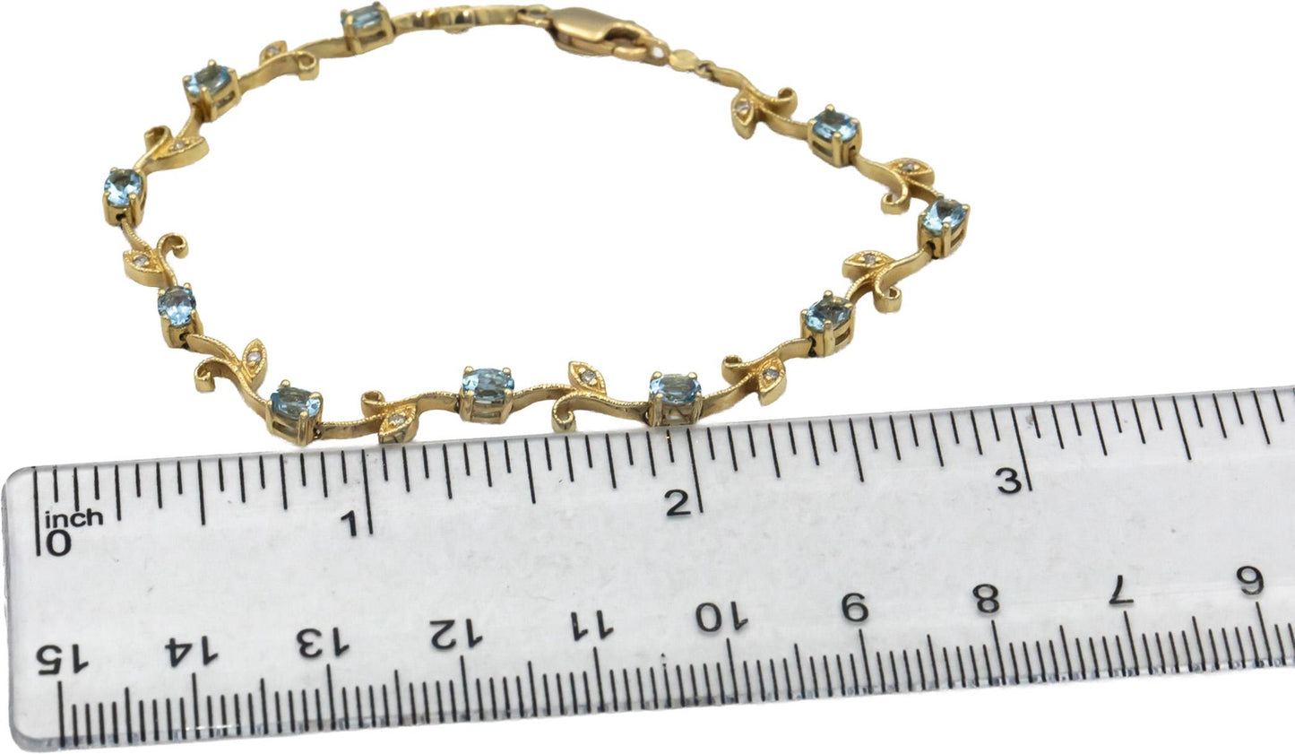 14k Yellow Gold Jewelry Diamond and Aquamarine Floral Motif Link Bracelet 1.56CT