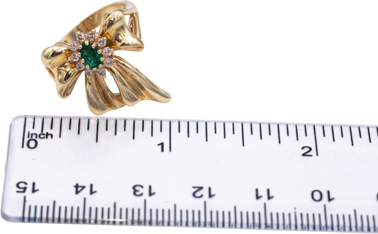 14k Yellow Gold Diamond and Emerald Ribbon Bow Ring 0.32CTW Size 6