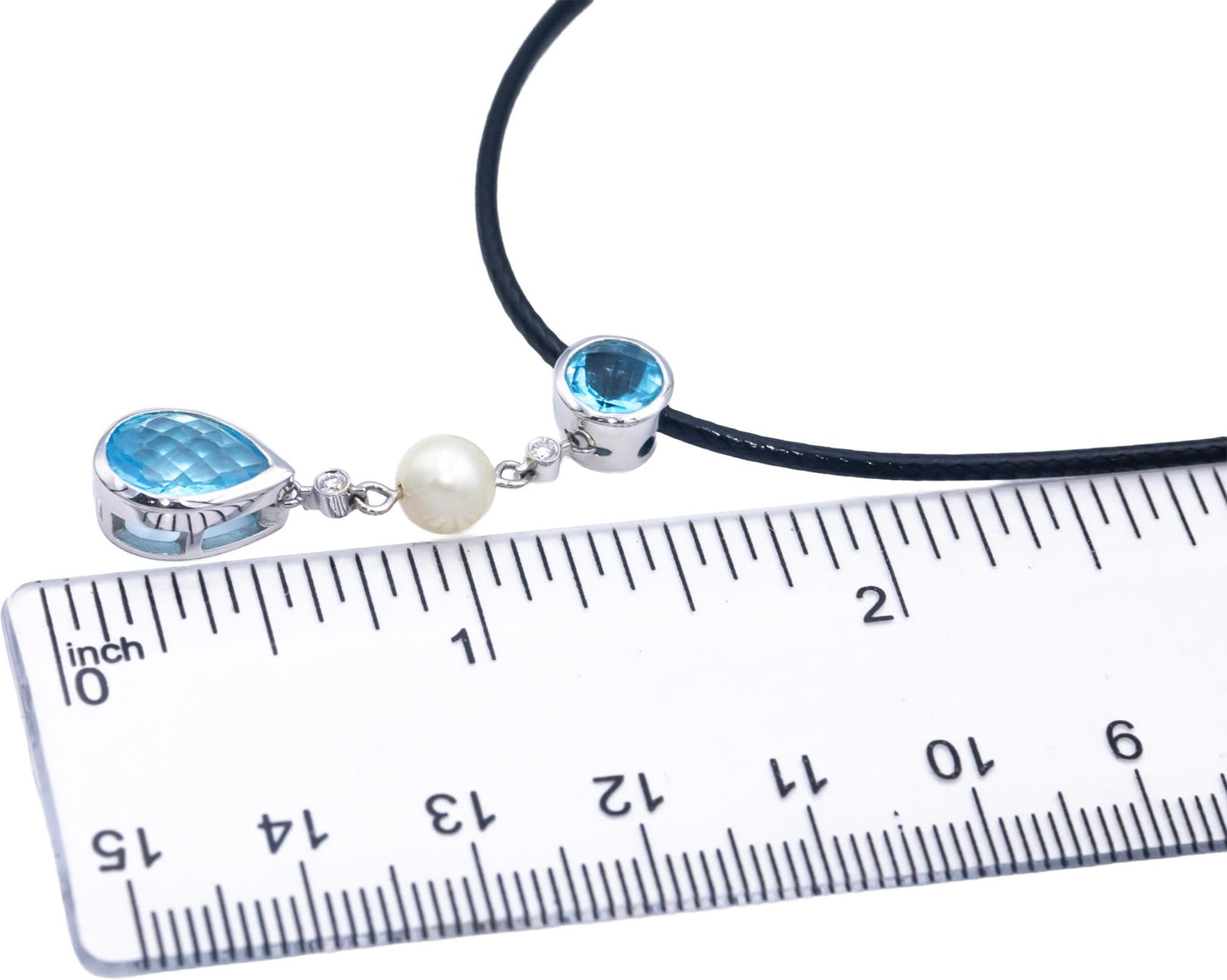 14k White Gold Diamond Blue Topaz 6mm Pearl Pendant Necklace 2.02CT