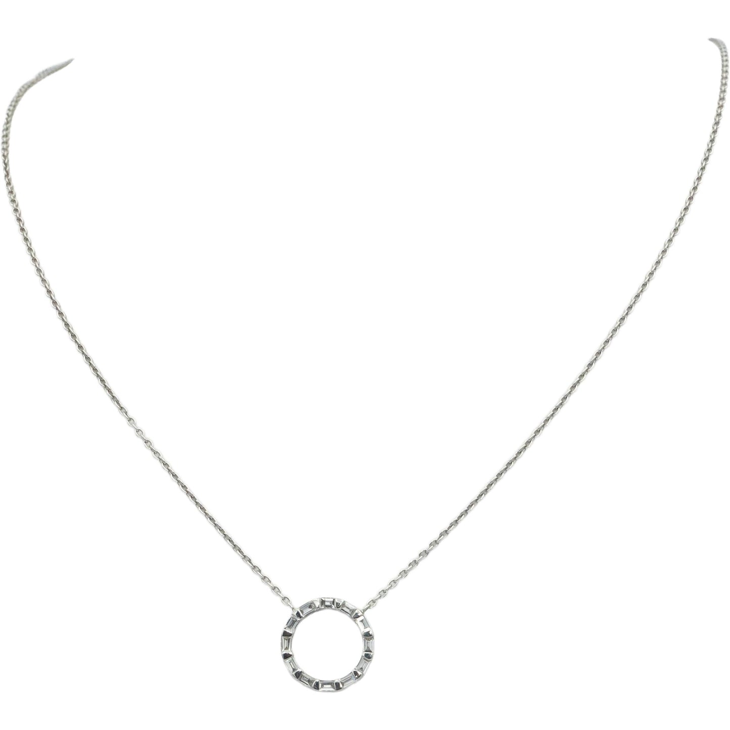18k White Gold VS Baguette Cut Bar Set Diamond Circle Pendant Necklace .25CT