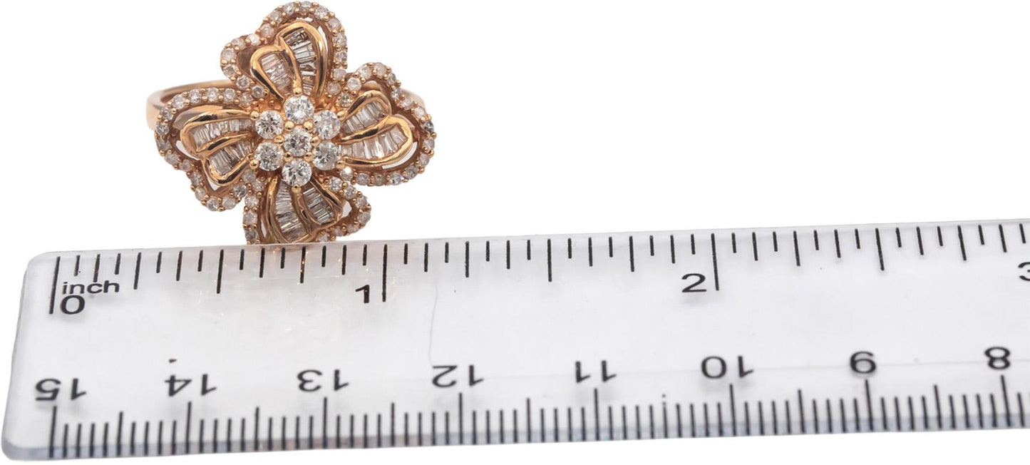 14k Rose Gold Round & Baguette Cut Diamond Flower Cocktail Ring 0.75CT Size 10