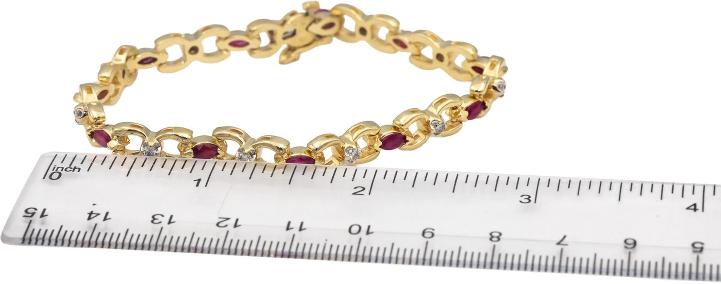 14k Yellow Gold Marquise Ruby Round Diamond Fancy Link Bracelet 1.55CT