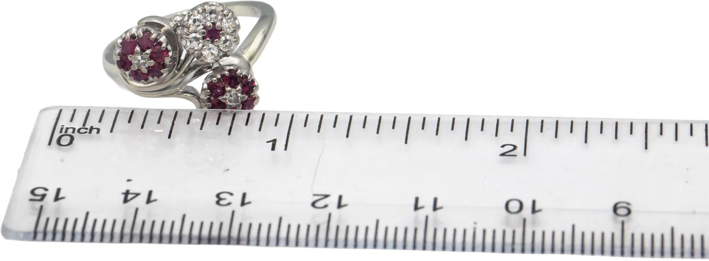 JABEL Vintage 18k White Gold Ruby & VS Diamond Flower Ring 0.40CT Size 6