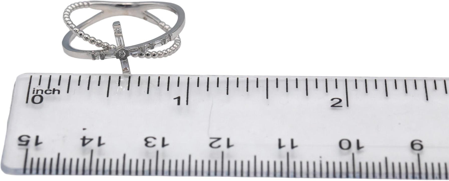 18k White Gold VS Round & Baguette Diamond Criss Cross Band Ring .10CT Size 7.25