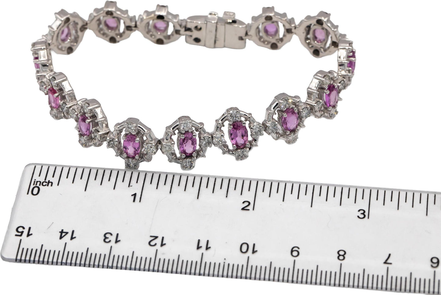14k White Gold Oval Cut Pink Sapphire Round Diamond Fancy Link Bracelet 10.50CTW