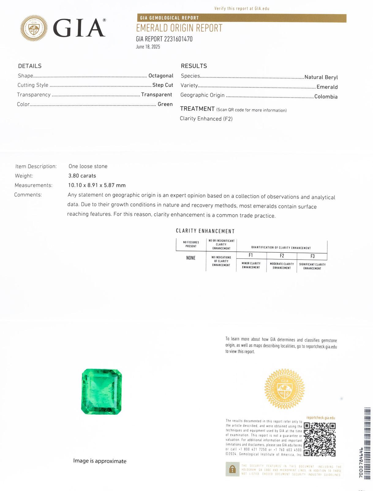 GIA Certified Octagonal Cut Natural Colombian Emerald Loose Gemstone 3.80CT